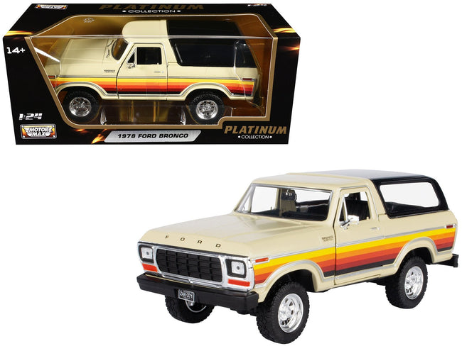 1978 Ford Bronco Custom Cream with Stripes and Black Top "Platinum Collection" Series 1/24 Diecast Model Car by Motormax-Motormax-ModelCars.com