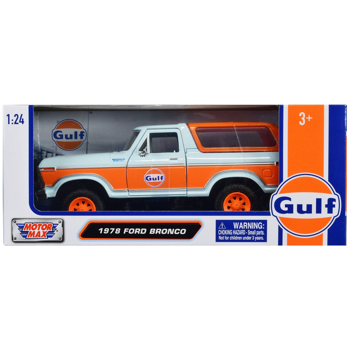 1978 Ford Bronco Light Blue and Orange "Gulf Oil" "Gulf Die - Cast Collection" 1/24 Diecast Model Car by Motormax - Motormax - ModelCars.com