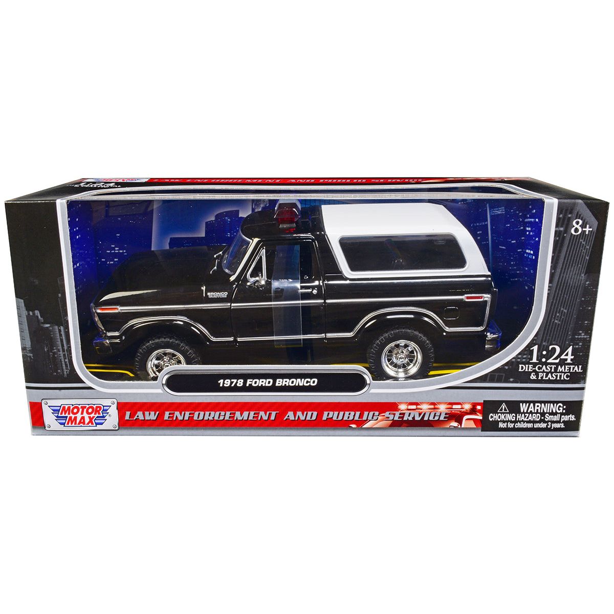 1978 Ford Bronco Police Car Unmarked Black with White Top "Law Enforcement and Public Service" Series 1/24 Diecast Model Car by Motormax - Motormax - ModelCars.com
