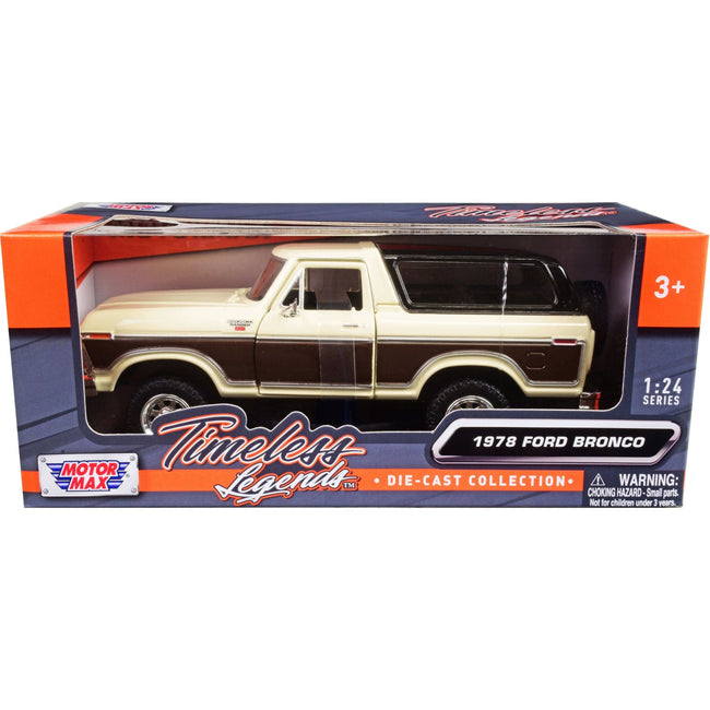 1978 Ford Bronco Ranger XLT with Spare Tire Cream and Brown with Black Camper Shell "Timeless Legends" Series 1/24 Diecast Model Car by Motormax - Motormax - ModelCars.com