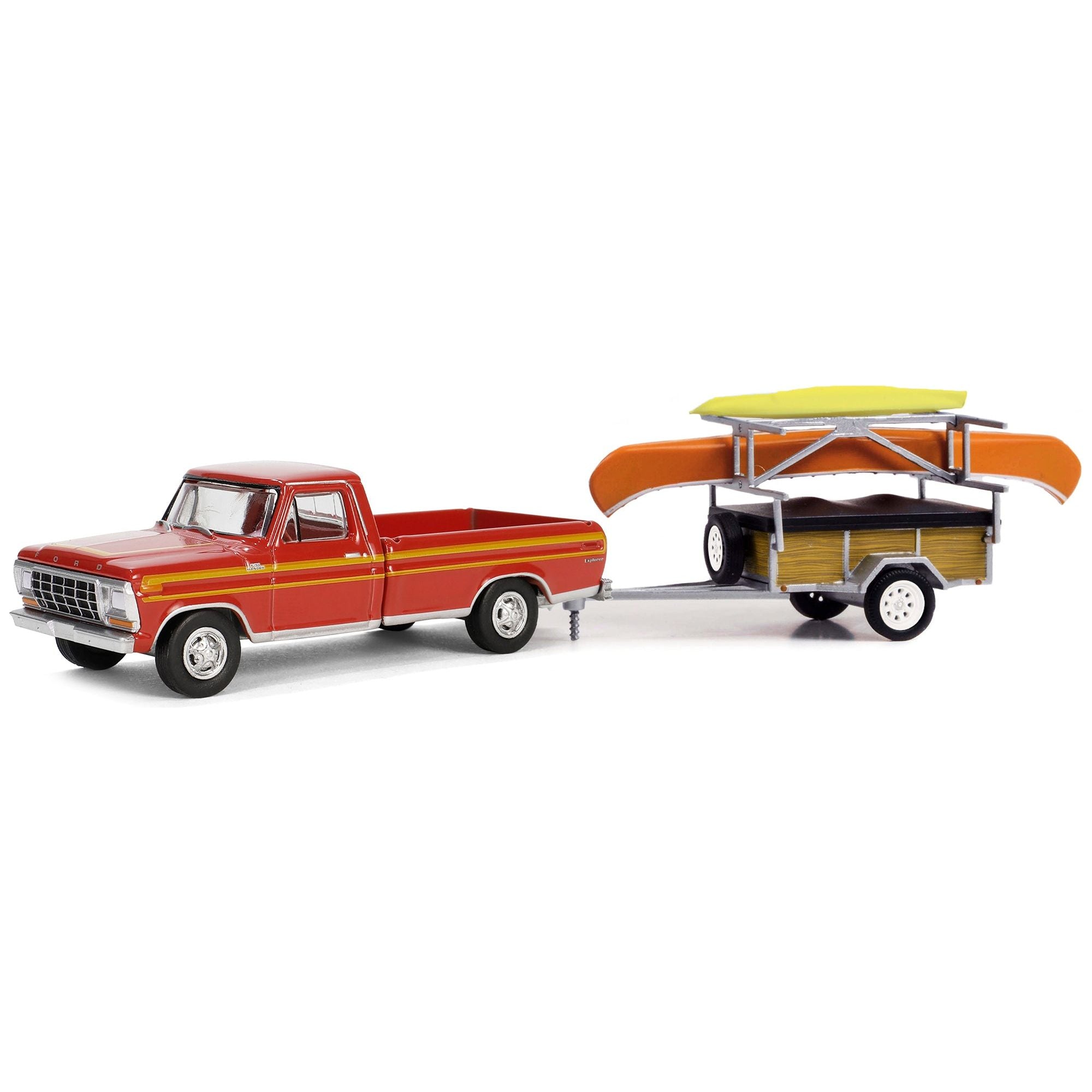 1978 Ford F - 150 Ranger Explorer Pickup Truck Maroon with Orange Stripes with Canoe Trailer with Canoe Rack Canoe and Kayak "Hitch & Tow Series" 31 1/64 Diecast Model Car by Greenlight - Greenlight - ModelCars.com