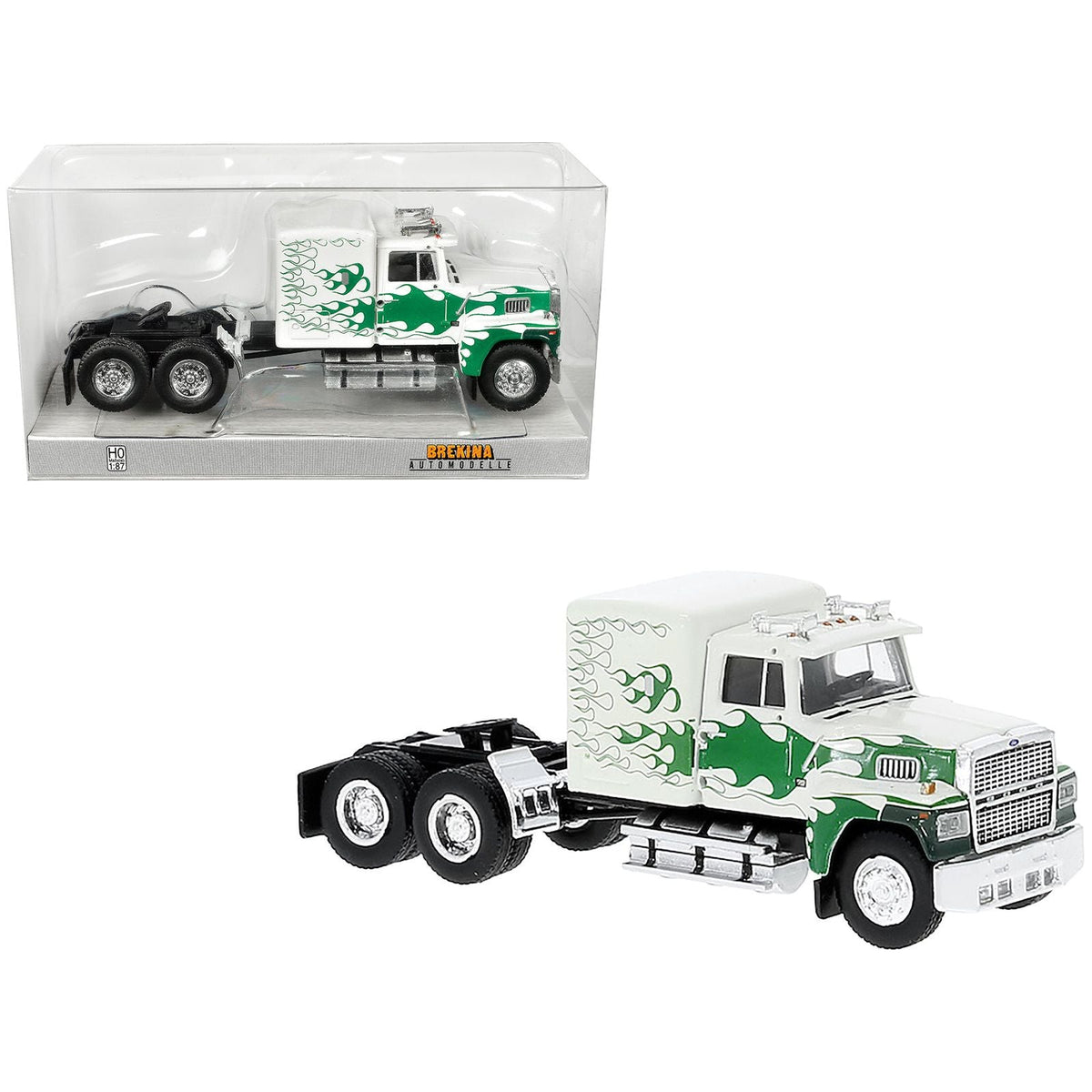 1978 Ford LTL 9000 Truck Tractor White with Green Flames 1/87 (HO) Scale Model Car by Brekina-Brekina-ModelCars.com