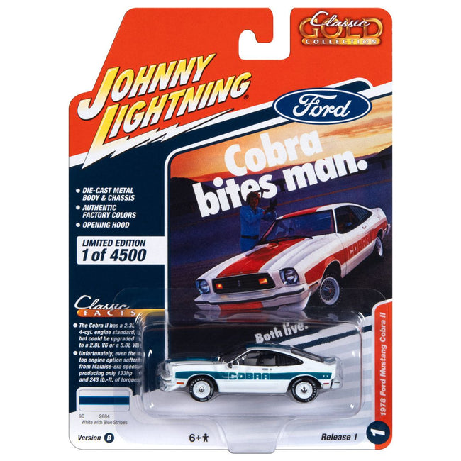 1978 Ford Mustang Cobra II White with Blue Stripes "Classic Gold Collection" 2023 Release 1 Limited Edition to 4500 pieces Worldwide 1/64 Diecast Model Car by Johnny Lightning - Johnny Lightning - ModelCars.com