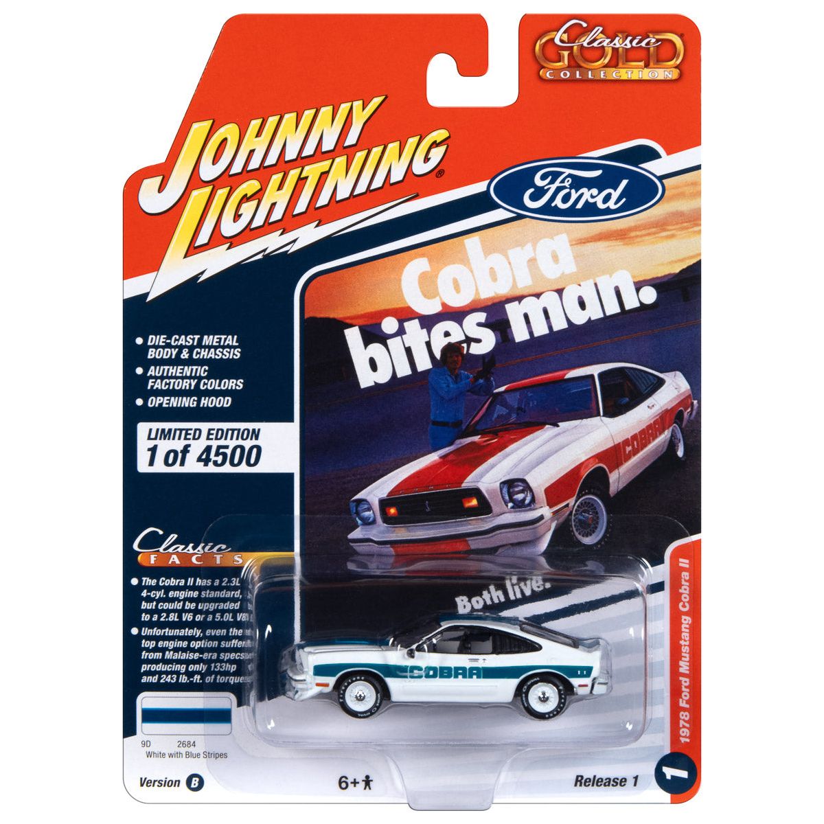 1978 Ford Mustang Cobra II White with Blue Stripes "Classic Gold Collection" 2023 Release 1 Limited Edition to 4500 pieces Worldwide 1/64 Diecast Model Car by Johnny Lightning-Johnny Lightning-ModelCars.com