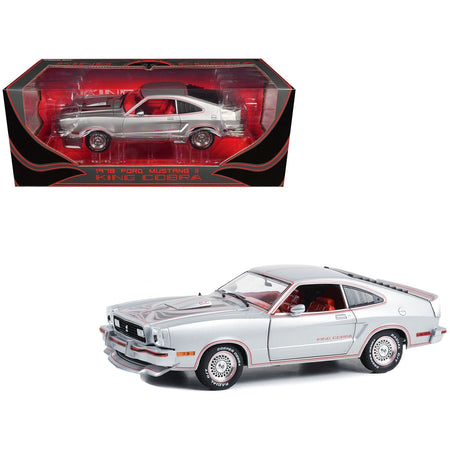 1978 Ford Mustang II King Cobra Silver Metallic with Red and Black Hood Stripes 1/18 Diecast Model Car by Greenlight-Greenlight-ModelCars.com