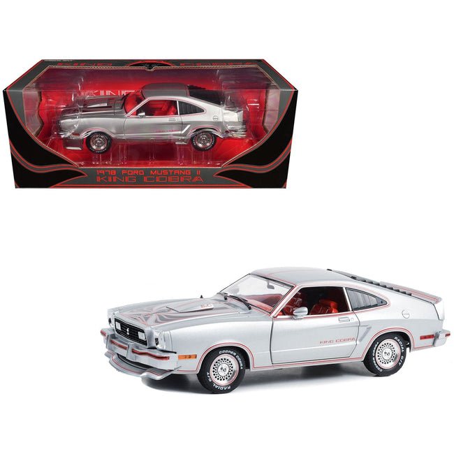 1978 Ford Mustang II King Cobra Silver Metallic with Red and Black Hood Stripes 1/18 Diecast Model Car by Greenlight-Greenlight-ModelCars.com