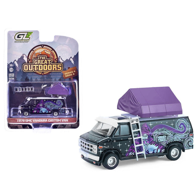 1978 GMC Vandura Custom Van Black with Wizard Graphics and White Top with Camp'otel Cartop Sleeper Tent "The Great Outdoors" Series 4 1/64 Diecast Model Car by Greenlight-Greenlight-ModelCars.com