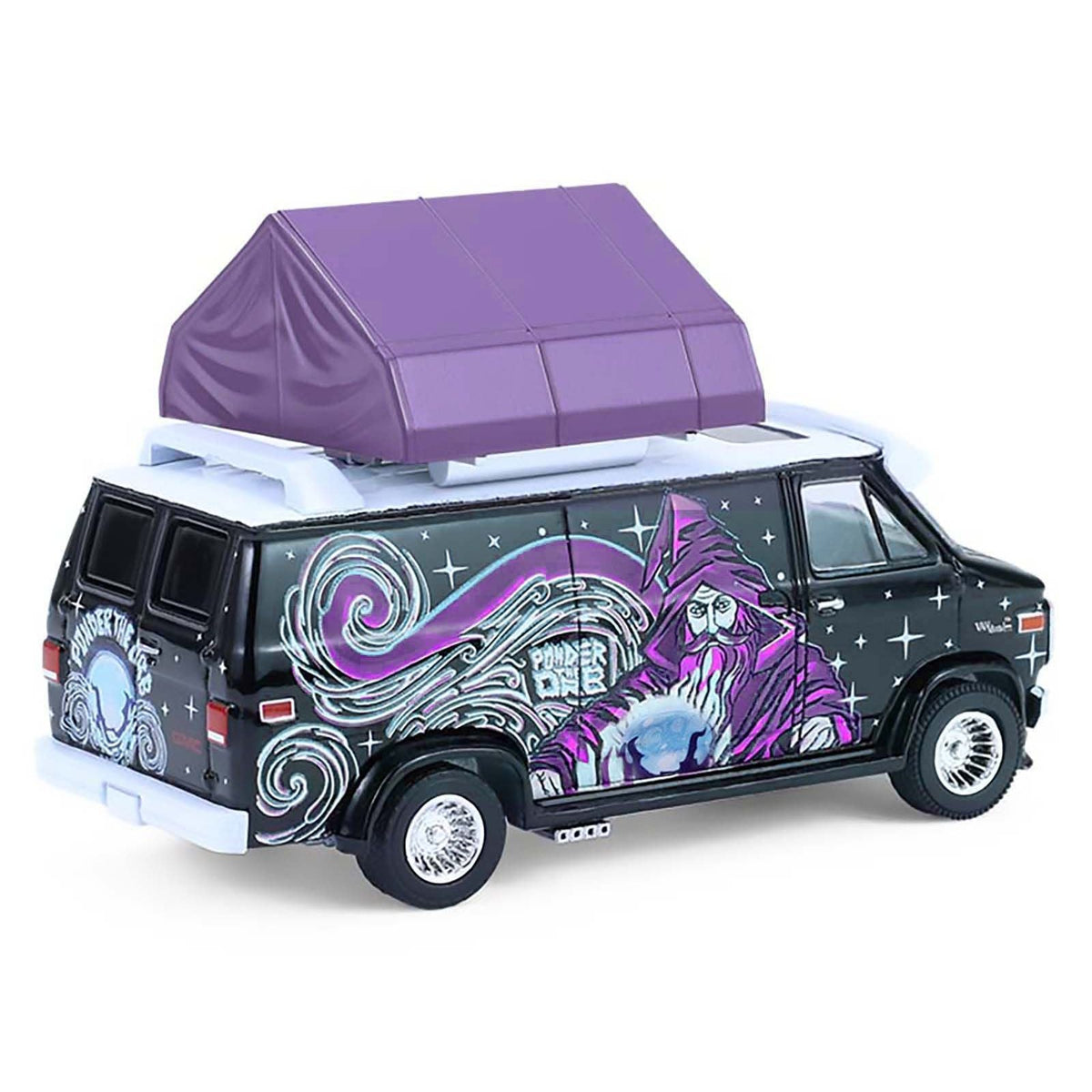 1978 GMC Vandura Custom Van Black with Wizard Graphics and White Top with Camp'otel Cartop Sleeper Tent "The Great Outdoors" Series 4 1/64 Diecast Model Car by Greenlight-Greenlight-ModelCars.com