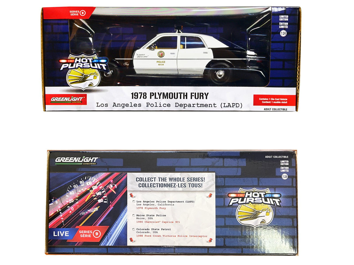 1978 Plymouth Fury Black and White "LAPD (Los Angeles Police Department)" "Hot Pursuit" Series 9 1/24 Diecast Model Car by Greenlight-Greenlight-ModelCars.com