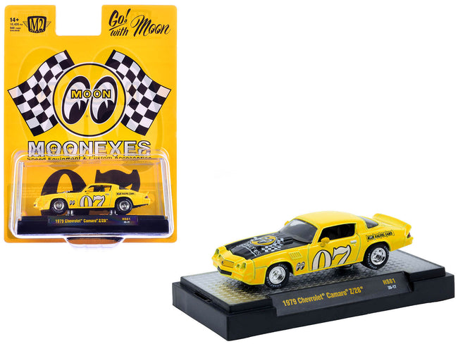 1979 Chevrolet Camaro Z/28 "MoonEyes" Yellow with Black Hood and Graphics Limited Edition to 10428 pieces Worldwide 1/64 Diecast Model Car by M2 Machines-M2-ModelCars.com