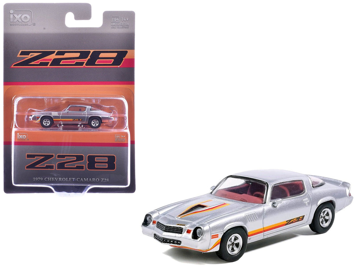 1979 Chevrolet Camaro Z28 Silver Metallic with Stripes and Red Interior 1/64 Diecast Model Car by IXO Models-IXO-ModelCars.com