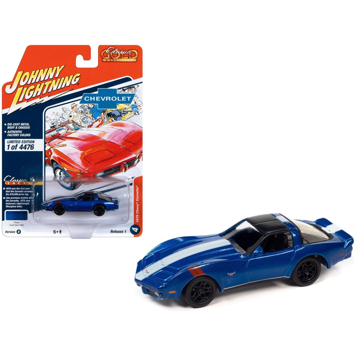1979 Chevrolet Corvette Grand Sport Blue Metallic with White Stripes and Black Top "Classic Gold Collection" 2023 Release 1 Limited Edition to 4476 pieces Worldwide 1/64 Diecast Model Car by Johnny Lightning-Johnny Lightning-ModelCars.com