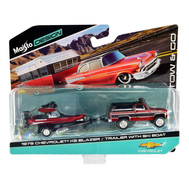 1979 Chevrolet K5 Blazer Red Metallic and Matt Black and Ski Boat Red Metallic and Matt Black with Trailer "Tow & Go" Series 1/64 Diecast Models by Maisto - Muscle Machines - ModelCars.com