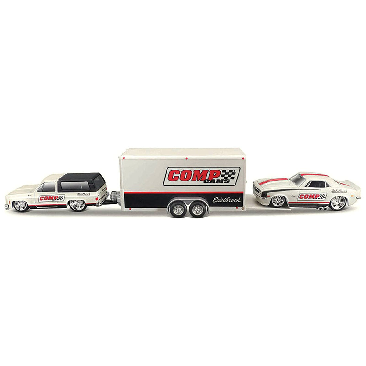1979 Chevrolet K5 Blazer White and Black and 1968 Chevrolet Camaro Z/28 White with Stripes with Enclosed Car Trailer "Comp Cams - Edlebrock" "Team Haulers" Series 1/64 Diecast Model Car by Maisto - Maisto - ModelCars.com