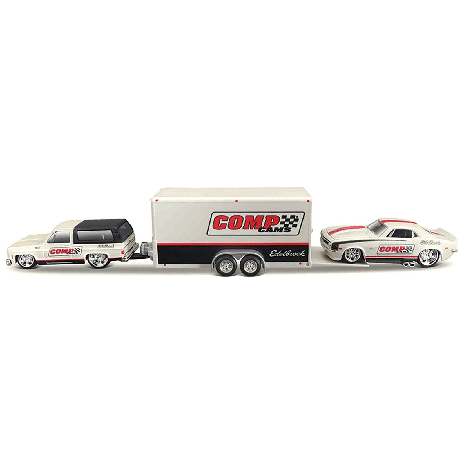 1979 Chevrolet K5 Blazer White and Black and 1968 Chevrolet Camaro Z/28 White with Stripes with Enclosed Car Trailer "Comp Cams - Edlebrock" "Team Haulers" Series 1/64 Diecast Model Car by Maisto - Maisto - ModelCars.com