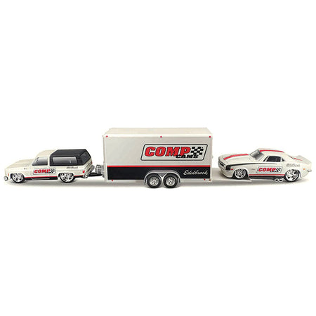 1979 Chevrolet K5 Blazer White and Black and 1968 Chevrolet Camaro Z/28 White with Stripes with Enclosed Car Trailer "Comp Cams - Edlebrock" "Team Haulers" Series 1/64 Diecast Model Car by Maisto - Maisto - ModelCars.com
