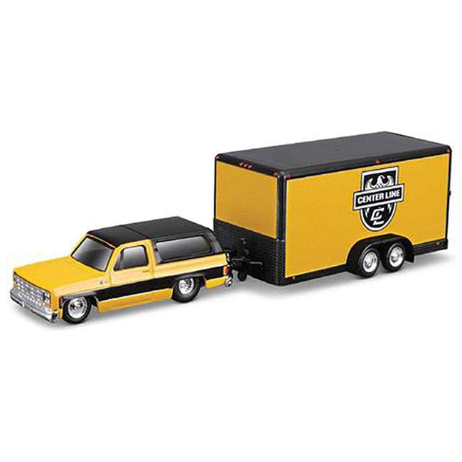 1979 Chevrolet K5 Blazer Yellow with Black Top and Stripes with Enclosed Car Trailer Yellow and Black "Center Line" "Tow & Go" Series 1/64 Diecast Model Car by Maisto-Maisto-ModelCars.com