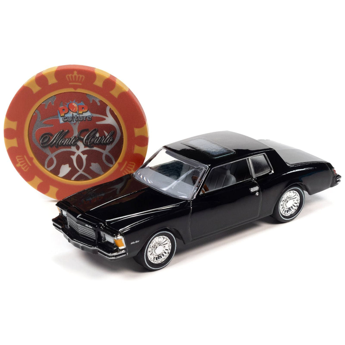 1979 Chevrolet Monte Carlo Black with Poker Chip and Game Card "Trivial Pursuit" "Pop Culture" 2023 Release 2 1/64 Diecast Model Car by Johnny Lightning-Johnny Lightning-ModelCars.com