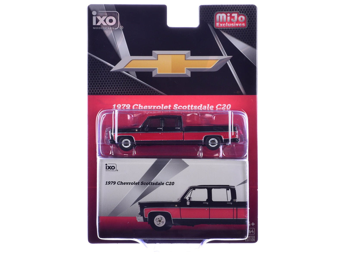 1979 Chevrolet Scottsdale C20 Crew Cab Pickup Truck Black with Red Side Stripes Limited Edition 1/64 Diecast Model Car by IXO Models-IXO-ModelCars.com