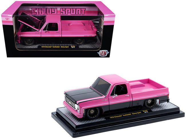 1979 Chevrolet Scottsdale Pickup Truck "Chevy Sport" Pink and Black Limited Edition to 6250 pieces Worldwide 1/24 Diecast Model Car by M2 Machines-M2-ModelCars.com