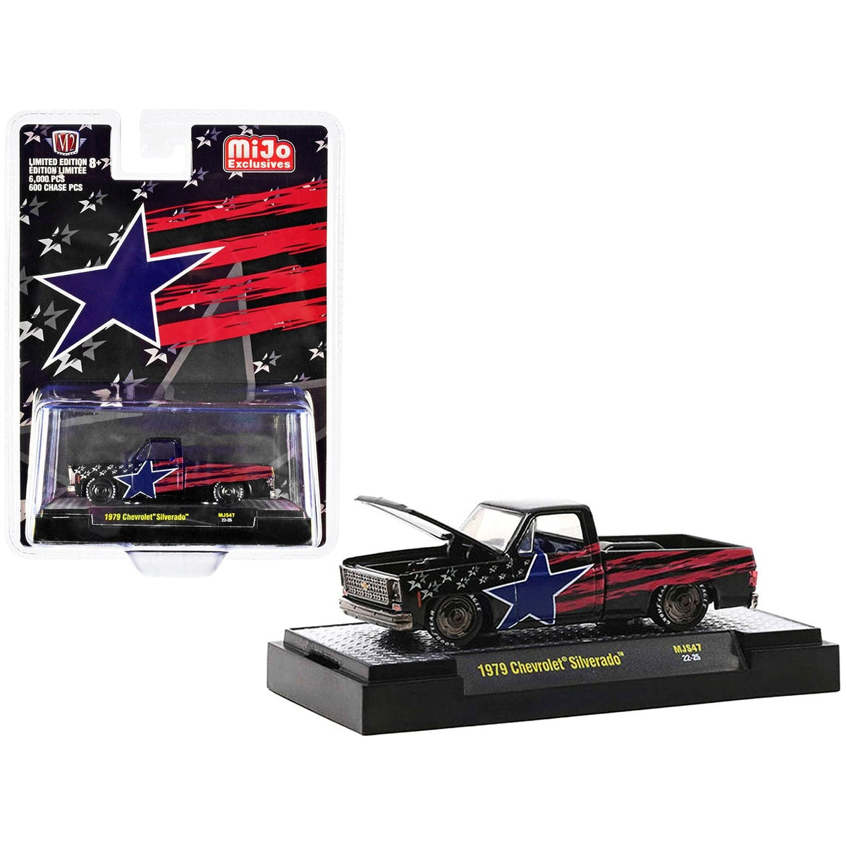 1979 Chevrolet Silverado Pickup Truck Black with Stars and Stripes Graphics Limited Edition to 6000 pieces Worldwide 1/64 Diecast Model Car by M2 Machines-M2-ModelCars.com