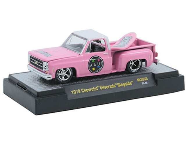 1979 Chevrolet Silverado Stepside Pickup Truck "Maui & Sons" Pink with White Top and Surfboard Limited Edition to 8360 pieces Worldwide 1/64 Diecast Model Car by M2 Machines-M2-ModelCars.com