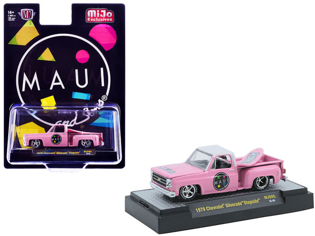1979 Chevrolet Silverado Stepside Pickup Truck "Maui & Sons" Pink with White Top and Surfboard Limited Edition to 8360 pieces Worldwide 1/64 Diecast Model Car by M2 Machines-M2-ModelCars.com