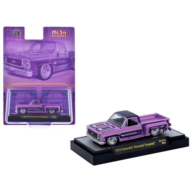 1979 Chevrolet Silverado Stepside Pickup Truck Pink with Purple Top and Graphics Limited Edition to 9350 pieces Worldwide 1/64 Diecast Model Car by M2 Machines-M2-ModelCars.com