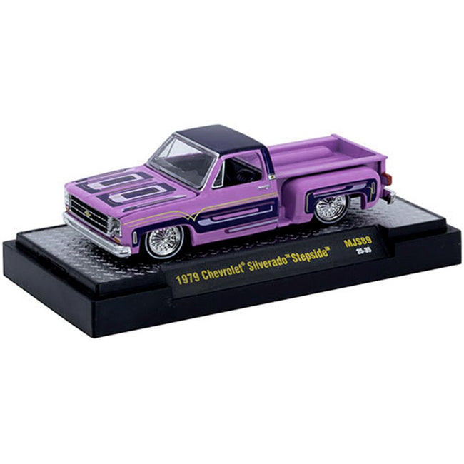1979 Chevrolet Silverado Stepside Pickup Truck Pink with Purple Top and Graphics Limited Edition to 9350 pieces Worldwide 1/64 Diecast Model Car by M2 Machines-M2-ModelCars.com