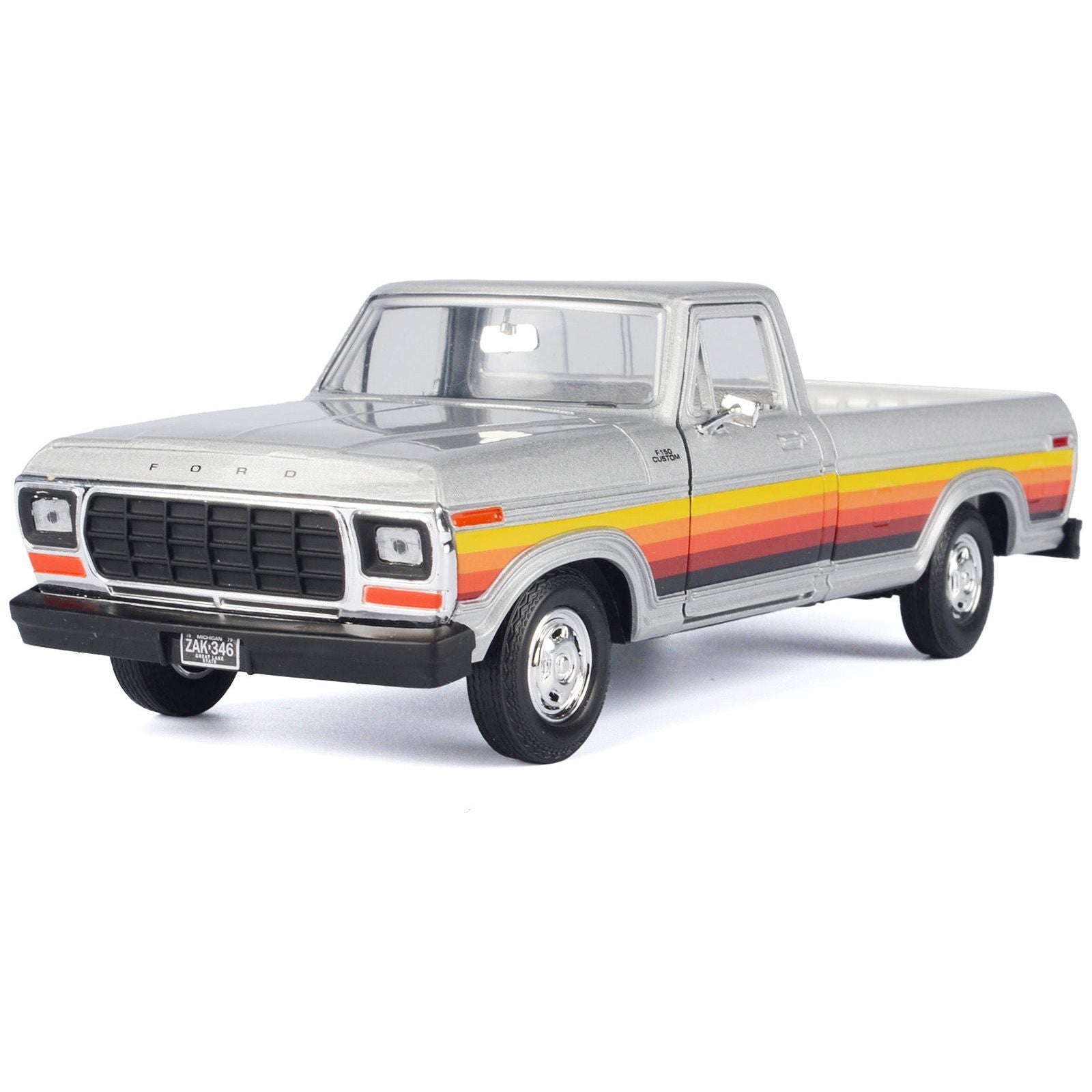 1979 Ford F - 150 Custom Pickup Truck Silver Metallic with Side Stripes "American Classics" Series 1/24 Diecast Model Car by Motormax - Motormax - ModelCars.com