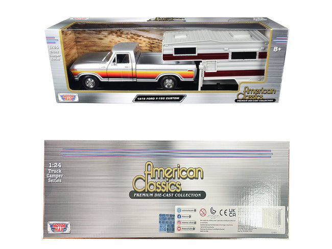 1979 Ford F-150 Custom Pickup Truck Silver Metallic with Side Stripes with Camper Shell "American Classics" Series 1/24 Diecast Model Car by Motormax-Motormax-ModelCars.com