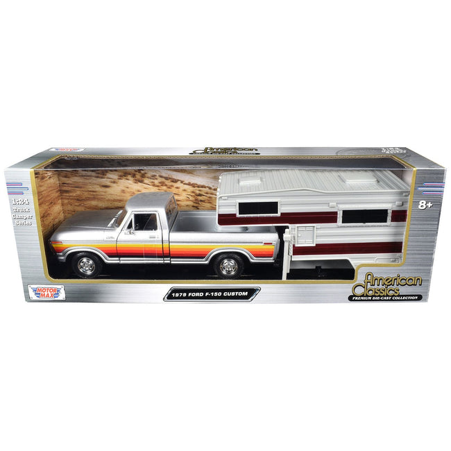 1979 Ford F - 150 Custom Pickup Truck Silver Metallic with Side Stripes with Camper Shell "American Classics" Series 1/24 Diecast Model Car by Motormax - Motormax - ModelCars.com