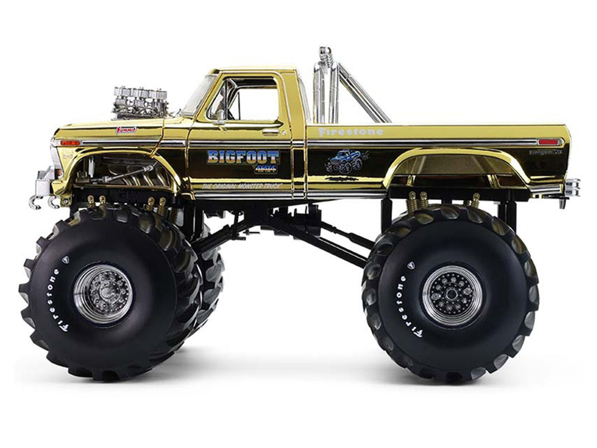 1979 Ford F-250 Monster Truck "Bigfoot #1 50th Anniversary" Gold Chrome with Bob Chandler Standing Figure "Kings of Crunch" Series 1/18 Diecast Model Car by Greenlight-Greenlight-ModelCars.com