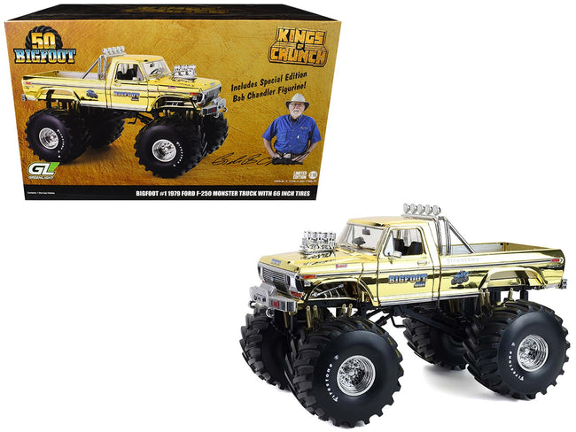1979 Ford F-250 Monster Truck "Bigfoot #1 50th Anniversary" Gold Chrome with Bob Chandler Standing Figure "Kings of Crunch" Series 1/18 Diecast Model Car by Greenlight-Greenlight-ModelCars.com
