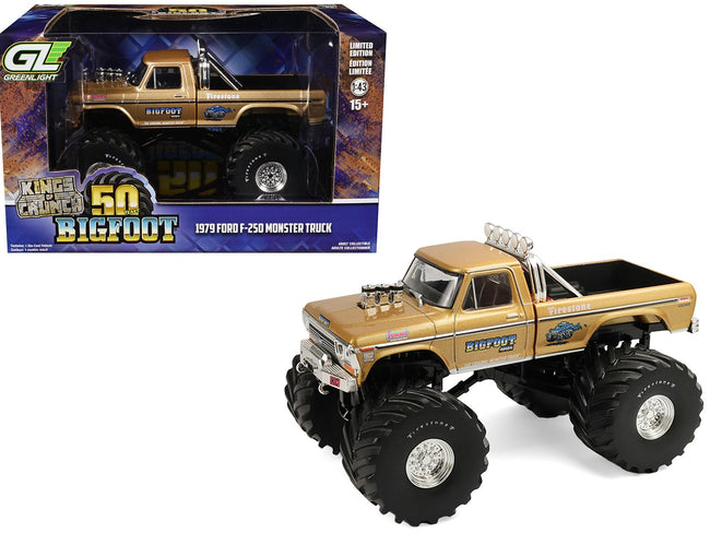 1979 Ford F-250 Monster Truck "Bigfoot #1 50th Anniversary" Gold Metallic "Kings of Crunch" Series 1/43 Diecast Model Car by Greenlight-Greenlight-ModelCars.com