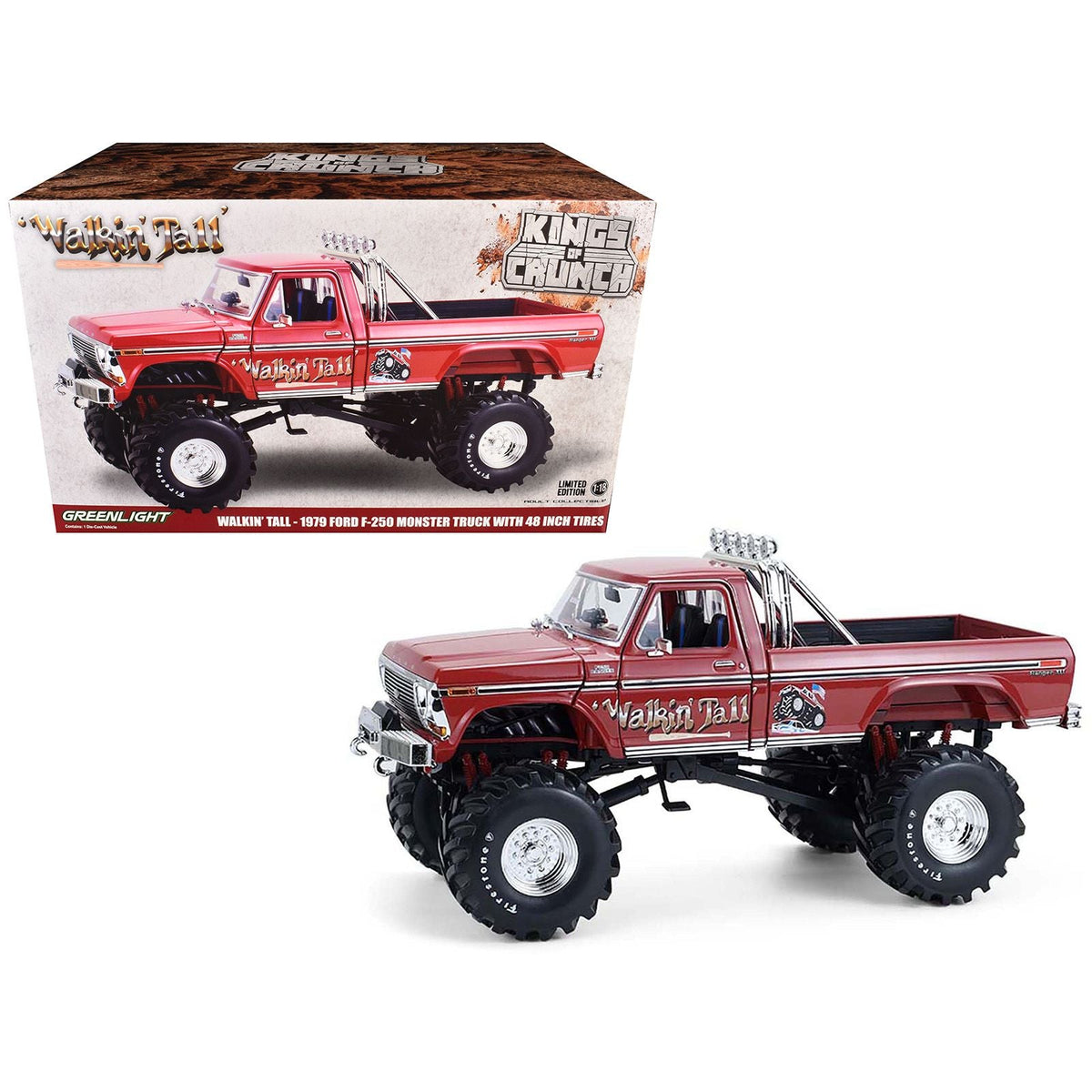 1979 Ford F-250 Monster Truck with 48-Inch Tires "Walkin' Tall" Red "Kings of Crunch" Series 1/18 Diecast Model Car by Greenlight-Greenlight-ModelCars.com