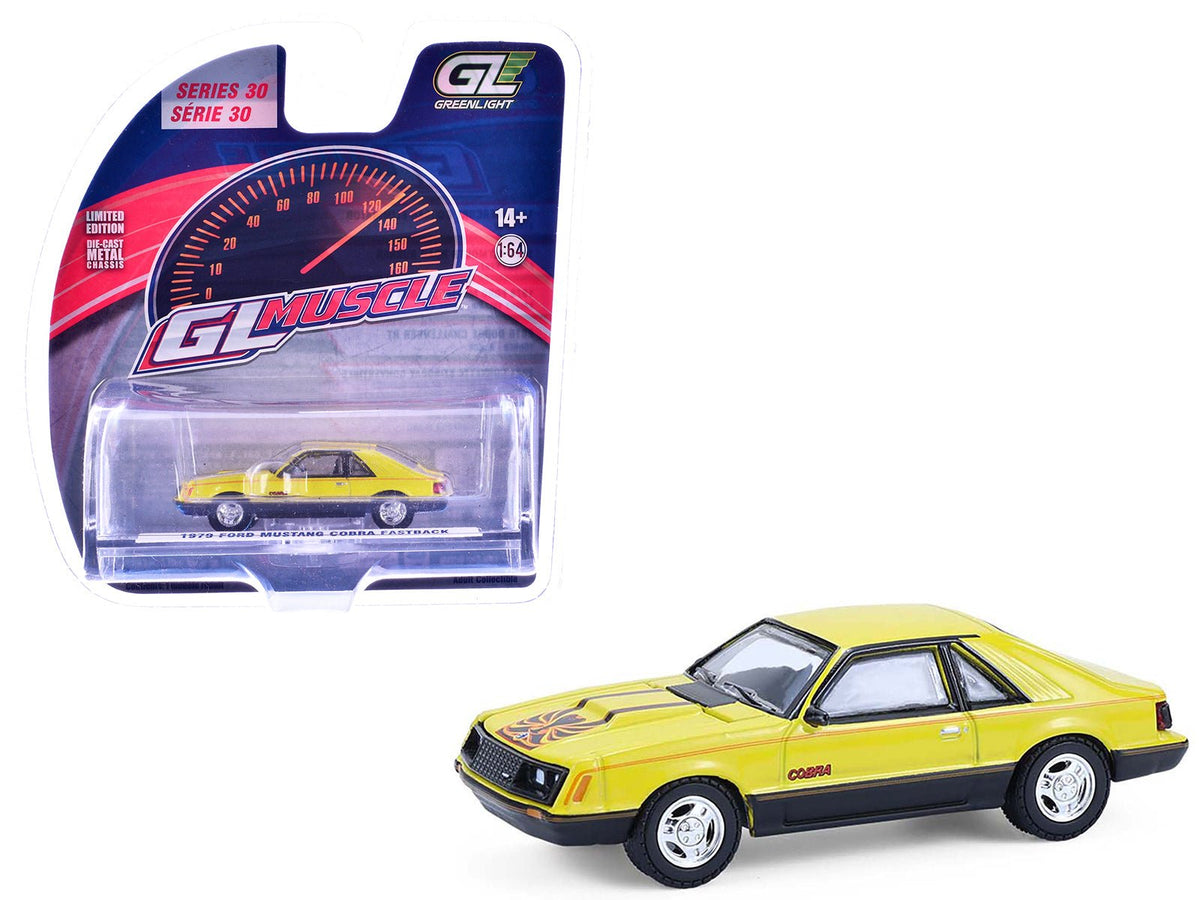 1979 Ford Mustang Cobra Fastback Bright Yellow with Cobra Good Graphics "GreenLight Muscle" Series 30 1/64 Diecast Model Car by Greenlight-Greenlight-ModelCars.com