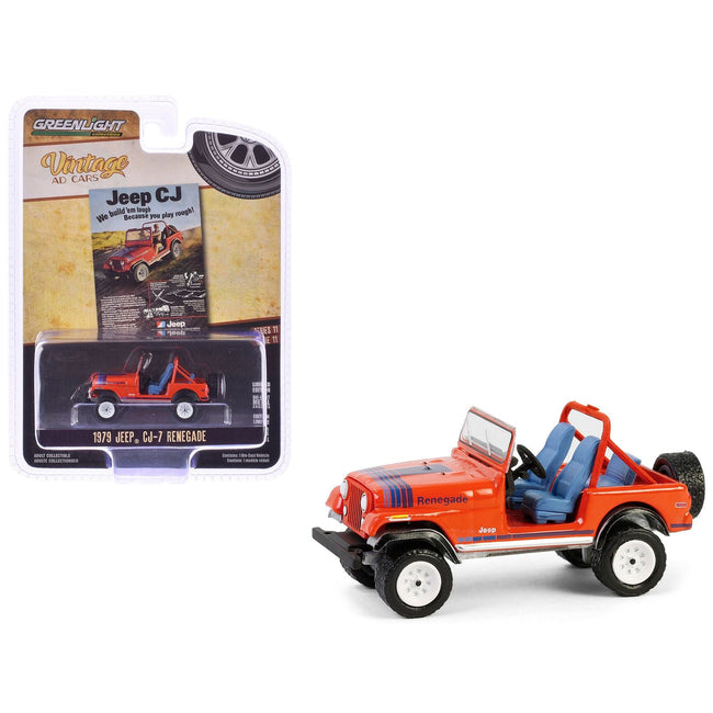 1979 Jeep CJ-7 Renegade Red with Blue Stripes "We Build 'em Tough Because you Play Rough" "Vintage Ad Cars" Series 11 1/64 Diecast Model Car by Greenlight-Greenlight-ModelCars.com