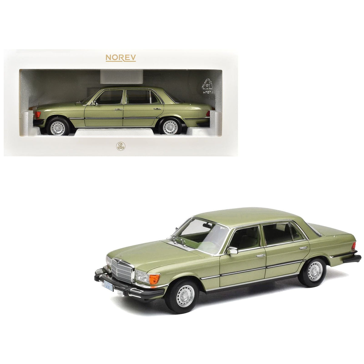 1979 Mercedes-Benz 450 SEL (US Version) Silver Green Metallic with Green Interior 1/18 Diecast Model Car by Norev-Norev-ModelCars.com