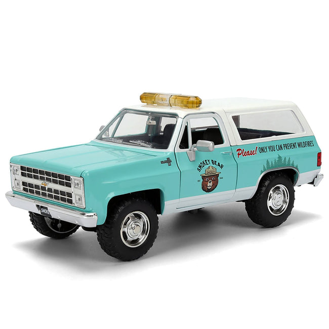 1980 Chevrolet Blazer Light Green with White Top and Graphics and Smokey Bear Diecast Figure "Smokey Bear" "Hollywood Rides" Series 1/24 Diecast Model by Jada-Jada-ModelCars.com