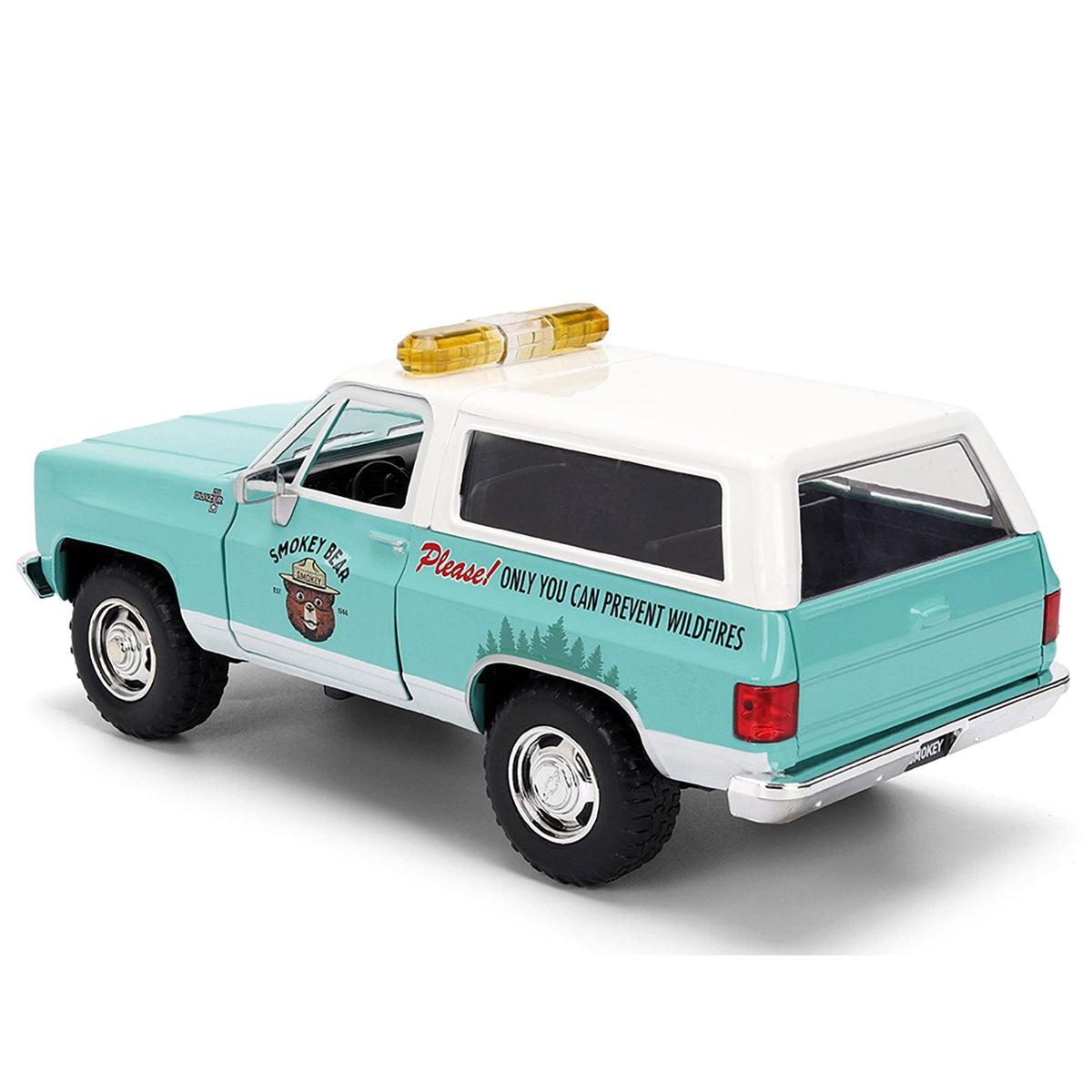 1980 Chevrolet Blazer Light Green with White Top and Graphics and Smokey Bear Diecast Figure "Smokey Bear" "Hollywood Rides" Series 1/24 Diecast Model by Jada-Jada-ModelCars.com