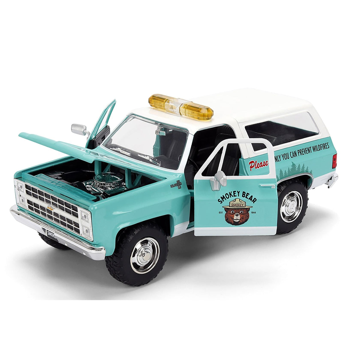 1980 Chevrolet Blazer Light Green with White Top and Graphics and Smokey Bear Diecast Figure "Smokey Bear" "Hollywood Rides" Series 1/24 Diecast Model by Jada-Jada-ModelCars.com