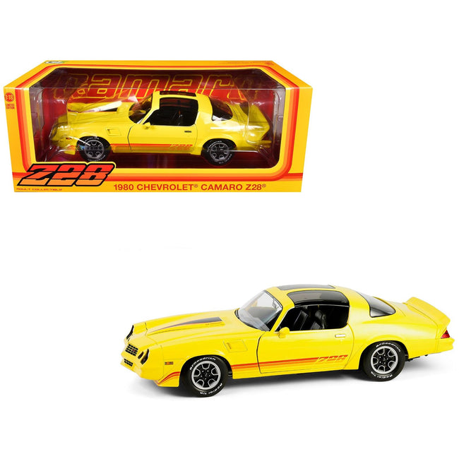 1980 Chevrolet Camaro Z28 with T-Tops Bright Yellow with Stripes 1/18 Diecast Model Car by Greenlight-Greenlight-ModelCars.com