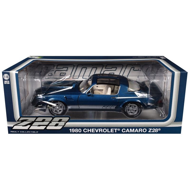 1980 Chevrolet Camaro Z28 with T-Tops Dark Blue Metallic with Stripes and Light Gray Interior 1/18 Diecast Model Car by Greenlight-Greenlight-ModelCars.com