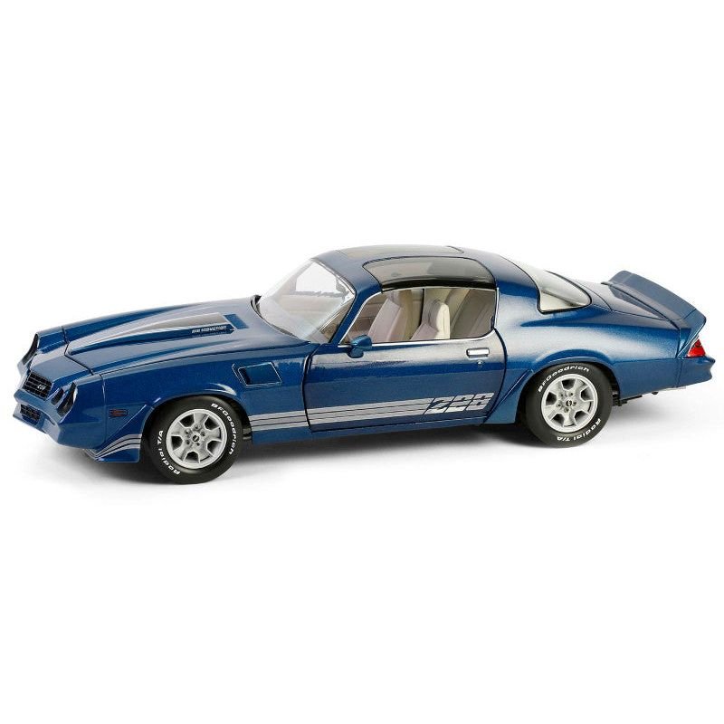 1980 Chevrolet Camaro Z28 with T-Tops Dark Blue Metallic with Stripes and Light Gray Interior 1/18 Diecast Model Car by Greenlight-Greenlight-ModelCars.com