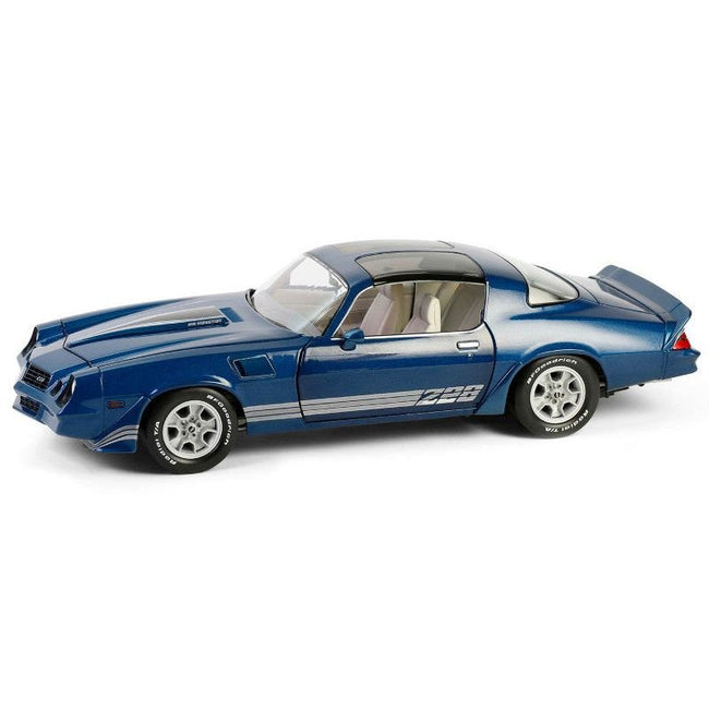 1980 Chevrolet Camaro Z28 with T-Tops Dark Blue Metallic with Stripes and Light Gray Interior 1/18 Diecast Model Car by Greenlight-Greenlight-ModelCars.com