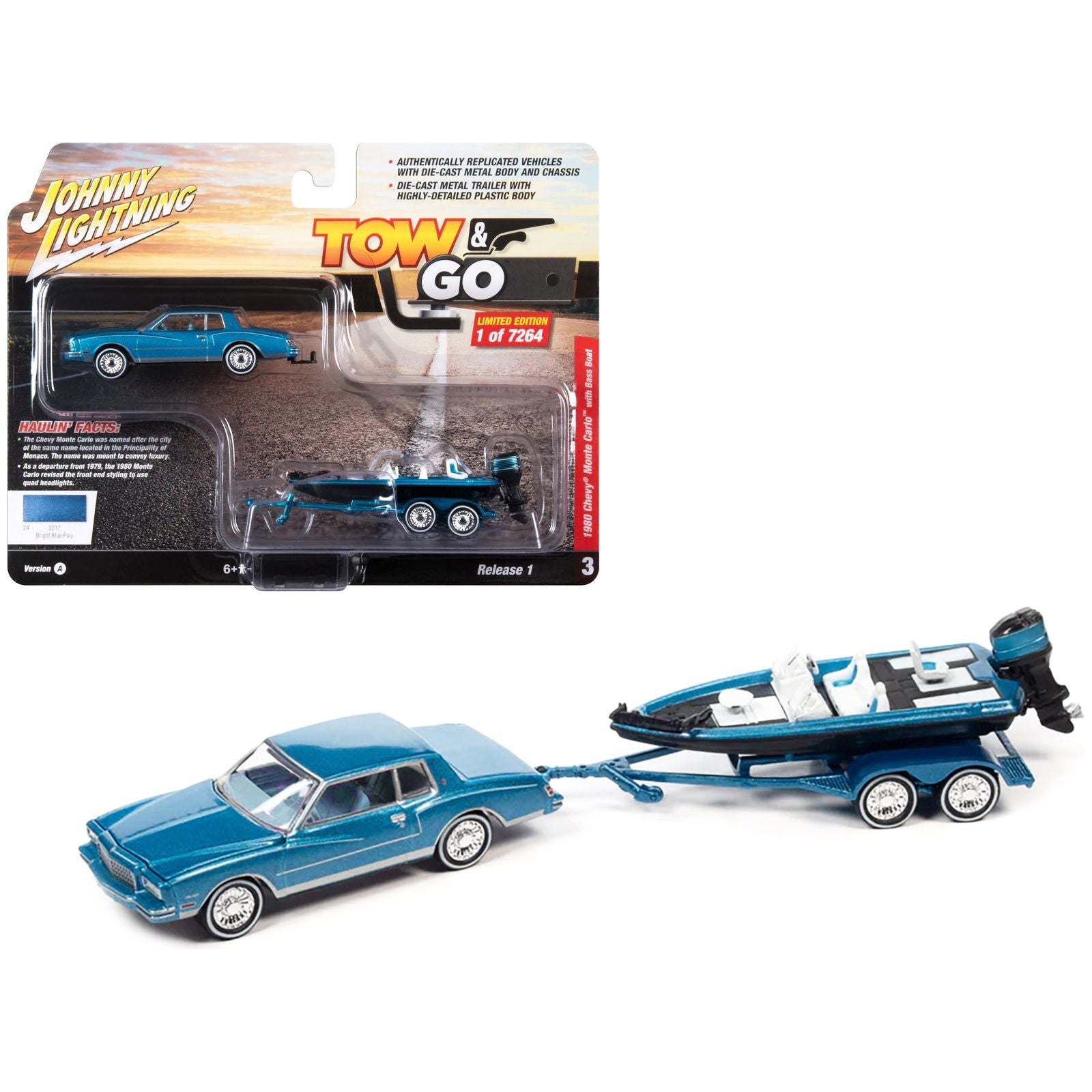 1980 Chevrolet Monte Carlo Bright Blue Metallic with Blue Interior with Bass Boat and Trailer Limited Edition to 7264 pieces Worldwide "Tow & Go" Series 1/64 Diecast Model Car by Johnny Lightning - Johnny Lightning - ModelCars.com