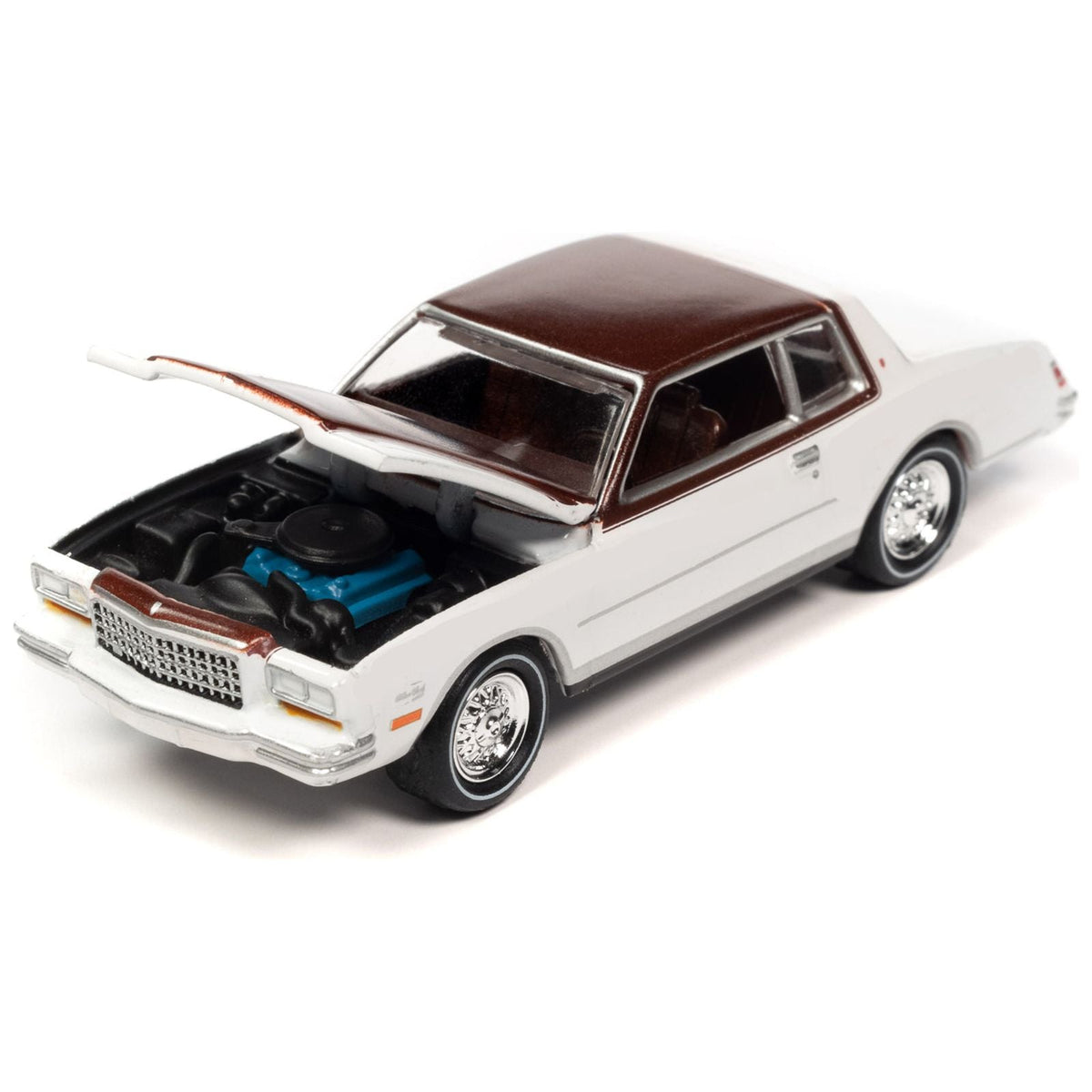 1980 Chevrolet Monte Carlo White and Dark Claret Brown Metallic Top and Hood Limited Edition to 3508 pieces Worldwide "OK Used Cars" 2023 Series 1/64 Diecast Model Car by Johnny Lightning-Johnny Lightning-ModelCars.com