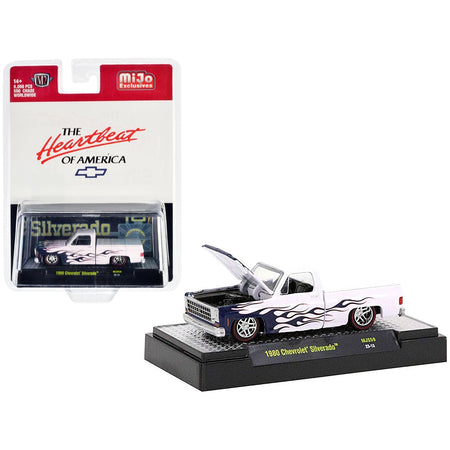 1980 Chevrolet Silverado Pickup Truck White with Blue Flames "The Heartbeat of America" Limited Edition to 6050 pieces Worldwide 1/64 Diecast Model Car by M2 Machines-M2-ModelCars.com