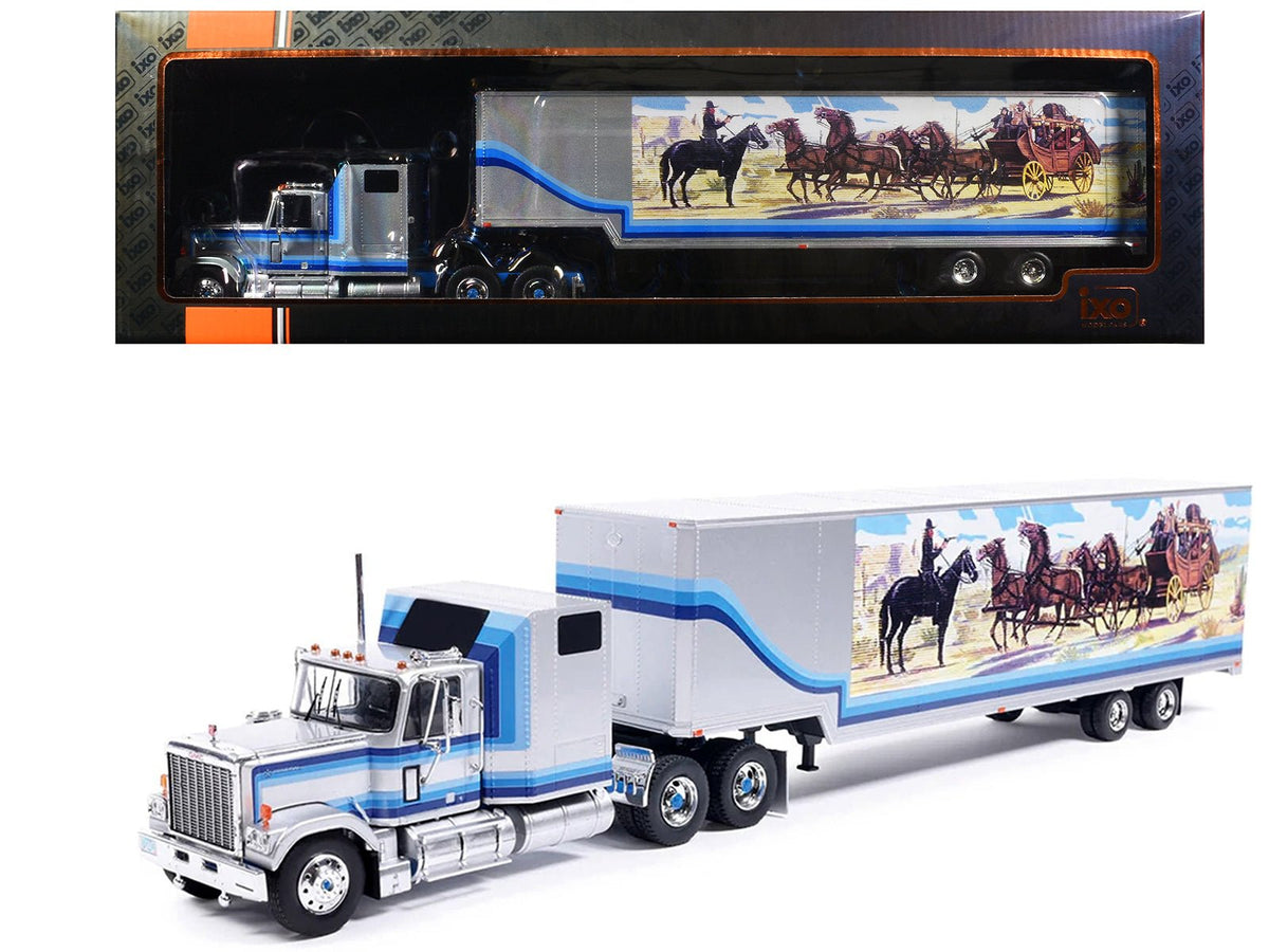 1980 GMC General Truck Tractor with Sleeper Cab and Trailer Silver Metallic with Blue Stripes 1/43 Diecast Model by IXO Models-IXO-ModelCars.com